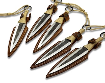 Wurfmesser-Set 5-teilig – Handgeschmiedete Klingen aus Karbonstahl mit Paracord-Griffen & Lederscheide, Kunai Messer für Outdoor.
