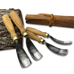 Hand-Forged Bent Gouges – 52100 Steel Blades, Ergonomic Ash Handles, Leather Roll, Long U-Bent Chisel, Wood Carving Set, Swan-Neck Gouges.