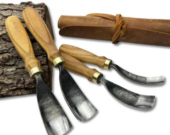 Hand-Forged Bent Gouges – 52100 Steel Blades, Ergonomic Ash Handles, Leather Roll, Long U-Bent Chisel, Wood Carving Set, Swan-Neck Gouges.