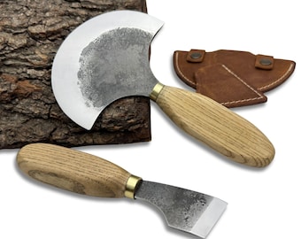 Leather Knives with Leather Sheaths – Hand-Forged Carbon Steel Blades, Ash Handles, Half Moon & Beveled Skiving Knives, Leather Cutting Tool