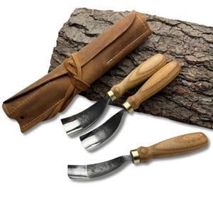 Hand-Forged Bent Gouges – 52100 Steel Blades, Ash Handles & Leather Roll, Wood Carving Tools, Curved Chisel for Spoon, Bowl and Sculpture.