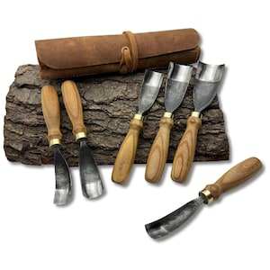 Hand-Forged Bent Gouges – 52100 Carbon Steel Blade, Ergonomic Ash Wood Handles & Leather Roll, Wood Carving Tools, Bowl Carving Bent Chisel.