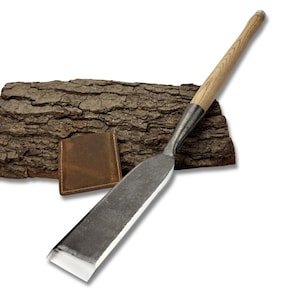 Cincel de madera forjado a mano – Hoja de acero al carbono 52100, mango de fresno, funda de cuero, herramienta para construcción con madera y troncos, regalo para carpinteros