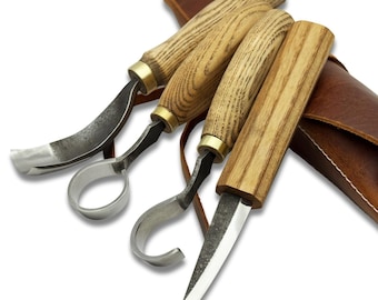 Hand-Forged Spoon Carving Knife Set 4-Piece –52100 Steel Blades, Ash Handles, Leather Sheath, Beginners Tools for Bowls & Detail Carving.