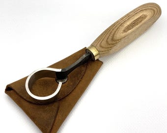Spoon Carving Scorp Knife - Hand-Forged Carbon Steel Blade, Ash Handle, Leather Sheath, Ready to Use, Wood Carving Tool, Gift for Carvers.
