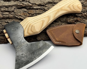 Wood Carving Hatchet – Hand-Forged Carbon Steel Blade, Ergonomic Ash Handle, Leather Sheath, Bowl Carving Axe, Hewing Hatchet, Camping Axe.