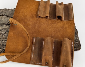 Handcrafted Leather Tool Roll – 4-Pocket Crazy Horse Leather Case for Leather Knives, Wood Carving Chisels, Tool Organizer for Craftsmen.