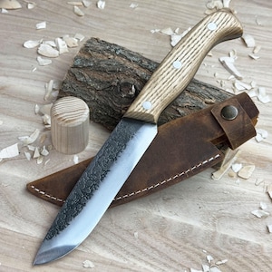 Bushcraft Knife – Hand-Forged 52100 Carbon Steel Blade, Ash Wood Handle, Leather Sheath, Outdoor Survival Knife, Ready to Use Camping Knife.
