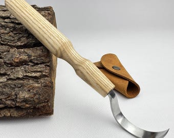 Long Hook Knife – Hand-Forged 52100 Carbon Steel, Ergonomic Ash Wood Handle, Leather Sheath Included, Hook Knife for Spoon & Bowl Carving.