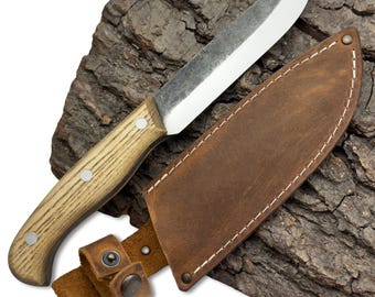 Nóż Bushcraft – ręcznie kute ostrze ze stali węglowej 52100, rękojeść z drewna jesionowego, skórzana pochwa, nóż survivalowy, gotowy do użycia nóż kempingowy.