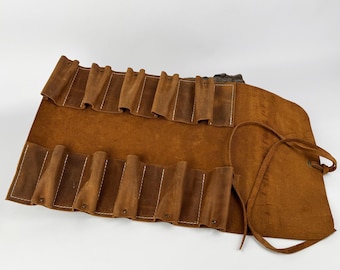 Genuine Leather Tool Roll – Handmade 10-Pocket Crazy Horse Leather Organizer for Carving Chisels, Leather Tools & Outdoor Bushcraft Knives