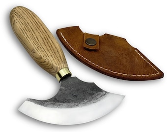 Leather Round Knife – Hand Forged Carbon Steel Blade, Ash Handle, Leather Sheath, Half Moon Knife, Skinning & Trimming Tool, Leatherworking.