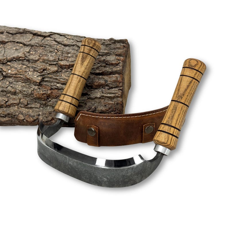 Stor inshave-kniv – handsmidet blad i kolstål, handtag i ask, läderslida, slipad böjd dragkniv för träbearbetning och stolstillverkning. bild 11