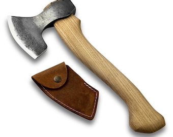 Hand-Forged Carving Axe – Carbon Steel Blade, Ergonomic Ash Handle, Leather Sheath, Bushcraft Hatchet, Camping Axe, Spoon & Bowl Carving.