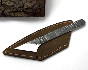 Hand Forged Kiridashi Knife – Hardened 52100 Carbon Steel, Leather Sheath, Japanese Kiridashi, Wood Carving Tool, Leather Skiving Knife.