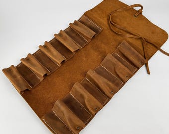 Genuine Leather Tool Roll – 10-Pocket Crazy Horse Leather Tool Storage for Chisels, Wood Carving Tools, Leather Tools & Bushcraft Knives.