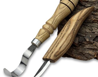 Conjunto de facas para entalhar madeira forjadas à mão – lâminas de aço carbono 52100, cabos de madeira de freixo, faca de entalhe, faca de gancho, afiadas e prontas para uso.