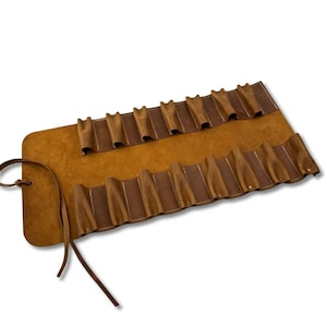 Handcrafted Leather Tool Roll – 15-Pocket Crazy Horse Leather Case for Wood Carving Tools, Chisels & Bent Gouges, Handmade Tool Storage Wrap
