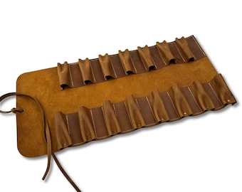 Handcrafted Leather Tool Roll – 15-Pocket Crazy Horse Leather Case for Wood Carving Tools, Chisels & Bent Gouges, Handmade Tool Storage Wrap