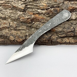 Japanese kiridashi on bark, tapered edge for razor-clean cuts and scribe lines.