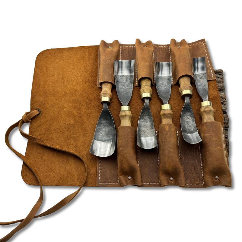 Hand-Forged Bent Gouges with Leather Roll – Carbon Steel Blade, Ash Handles, Bowl Carving Chisel image 9