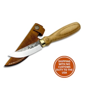 Hand-Forged Sloyd Knife – Carbon Steel Blade, Ergonomic Ash Wood Handle, Leather Sheath Included, Spoon, Bowl & Kuksa Carving Knife.