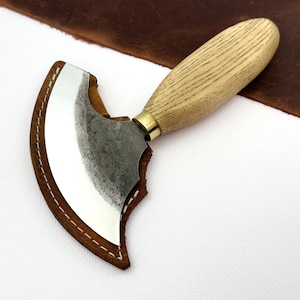 Leather Round Knife – Hand-Forged 52100 Carbon Steel Blade, Ash Wood Handle, Leather Sheath, Sharpened Skiving Knife, Leather Cutting Knife.