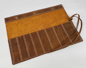 Leather Chisel Case – Handcrafted 8-Pocket Crazy Horse Leather Tool Roll Organizer, Durable Wrap for Straight Chisels & Woodworking Tools