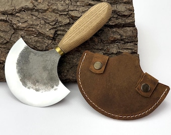 Leather Half Moon Knife – Hand-Forged 52100 Carbon Steel Blade, Ash Handle, Leather Sheath, Leatherworking Tool, Skiving & Trimming Knife.