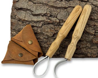 Scorp Knife & Hook Knife – Hand-Forged Carbon Steel Blade, Ergonomic Ash Handles, Leather Sheath, Wood Carving Tools, Spoon and Bowl Carving