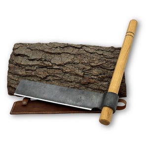 Hand-Forged Splitting Froe – Carbon Steel Blade, Ash Handle, Leather Sheath, Bushcraft Froe, Heavy-Duty Log Splitting Froe, Carpentry Tool.