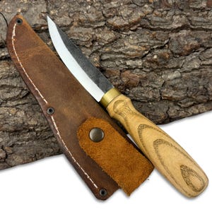 Coltello da intaglio Sloyd forgiato a mano – lama in acciaio al carbonio 52100, impugnatura in frassino, fodero in pelle, coltello per intaglio, intaglio di cucchiai e lavori di dettaglio