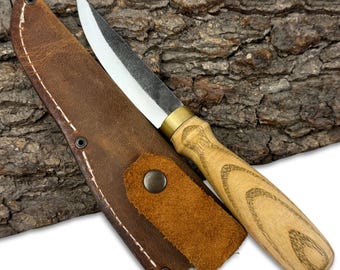 Hand-Forged Sloyd Carving Knife – 52100 Carbon Steel Blade, Ash Handle, Leather Sheath, Knife for Whittling, Spoon Carving & Detail Work