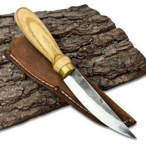 Wood Carving Knife – Hand-Forged Carbon Steel Blade, Ash Handle, Leather Sheath Included, Sloyd Knife for Whittling, Gift for Woodworker