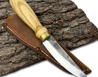 Wood Carving Knife – Hand-Forged Carbon Steel Blade, Ash Handle, Leather Sheath Included, Sloyd Knife for Whittling, Gift for Woodworker