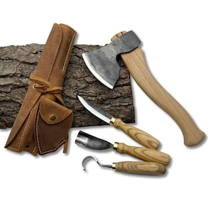 4 Piece Spoon Carving Tool Set – Hand-Forged Carving Tools, Ash Handles and 52100 Steel, Carving Axe, Sloyd Knife, Hook Knife & Bent Gouge.