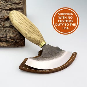 Hand-Forged Leather Round Knife – 52100 Carbon Steel, Ash Wood Handle, Leather Sheath Included, Sharpened Knife for Cutting, Skiving Knife.