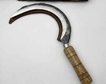 Hoz de jardín grande: hoja de acero al carbono forjada a mano, mango de fresno, funda de cuero incluida, herramienta afilada para cosechar hierbas, regalo de jardinería