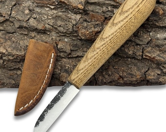 Wood Carving Knife – Hand-Forged Carbon Steel Blade, Ash Handle, Leather Sheath, Precision Whittling Knife for Spoon & Fine Detail Carving