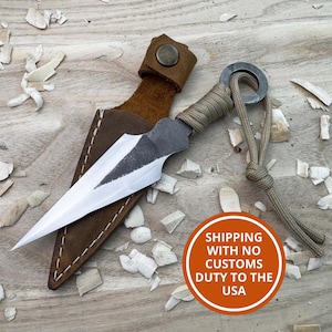 Small Throwing Knife – Hand-Forged 52100 Carbon Steel, Paracord Handle, Leather Sheath Included, Unsharpened for Safe Throwing, Camping Tool