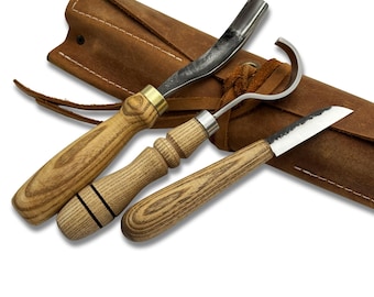Bowl Carving Tool Set 3-Piece with Leather Roll – Hand-Forged Hook Knife, Wood Carving Knife & Bent Gouge, Carbon Steel Blades, Ash Handles
