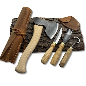 Spoon Carving Tool Set 4-Piece – Hand-Forged Carving Tools, Ash Handles, 52100 Steel, Includes Carving Axe, Sloyd & Hook Knife, Bent Gouge