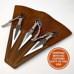 Hand-Forged Throwing Knife Set 3-Piece – Compact Carbon Steel Blades, Paracord-Wrapped Handles, Leather Case Included, for Outdoor Throwing.
