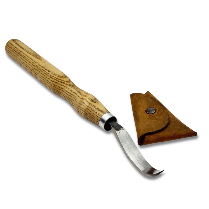 Hand-Forged Long Hook Knife – 52100 Carbon Steel, Ash Wood Handle, Leather Sheath Included, Sharpened Tool for Spoon, Kuksa & Bowl Carving. image 1