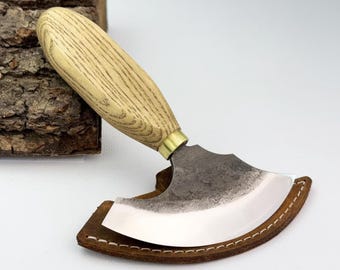 Hand-Forged Leather Round Knife – 52100 Carbon Steel, Ash Handle, Leather Sheath, Leather Cutter, Skiving & Trimming Tool, Half Moon Knife.