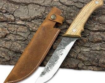 Ręcznie kuty nóż Bushcraft – ostrze ze stali węglowej 52100, rękojeść jesionowa, skórzana pochwa w zestawie, nóż gotowy do użycia na świeżym powietrzu, prezent dla mężczyzny