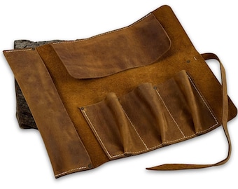 Genuine Leather Tool Roll – 3-Pocket Crazy Horse Leather Roll for Wooden Chisels, Carving Knives & Leather Tools, Handcrafted Tools Storage.