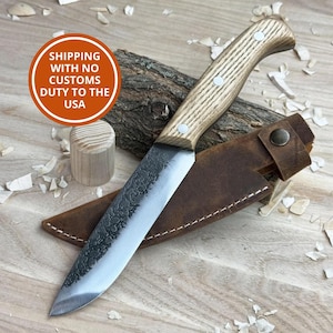 Bushcraft Knife – Hand-Forged 52100 Carbon Steel Blade, Ash Wood Handle, Leather Sheath, Outdoor Survival Knife, Ready to Use Camping Knife.