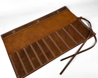 Leather Chisel Case with 10 Pockets – Handcrafted Tool Roll for Wood Carving & Leather Tools Storage
