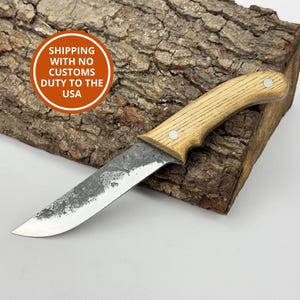 Hand-Forged Bushcraft Knife – 52100 Carbon Steel Blade, Ash Handle, Leather Sheath Included, Ready to Use Knife for Outdoor, Gift for Man